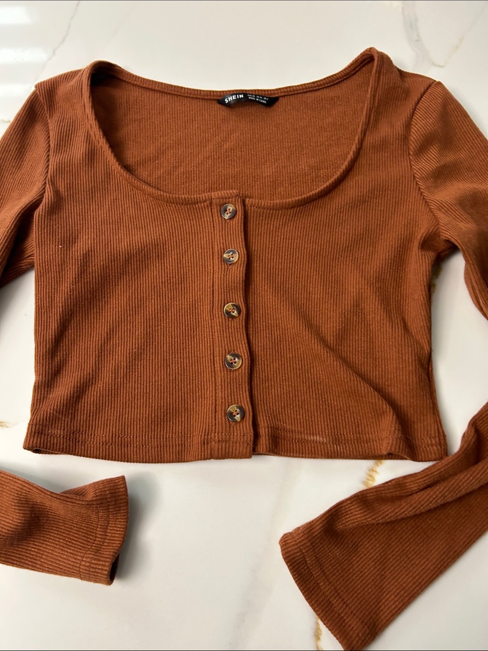 SHEIN Rust Ribbed Button-Front Long Sleeve Crop Top